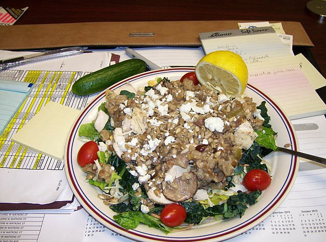 Chelle's Salad: Kale, Romain, Cabbage, Tomatos, Wild Rice, Chopped Chicken, Sprouted Sunflower Seeds, Reduced Fat Feta, Chopped Cauliflower, and Lemon Juice!